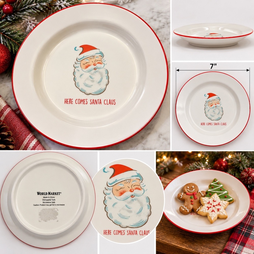 World Market Here Comes Santa Claus Christmas Dessert Plate 7" Red Rim Holiday